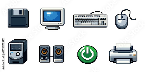 Pixel hardware and peripheral icons arranged on gray background