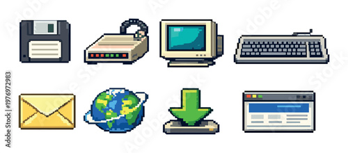 Pixel web and network icons with monitor and download on gray