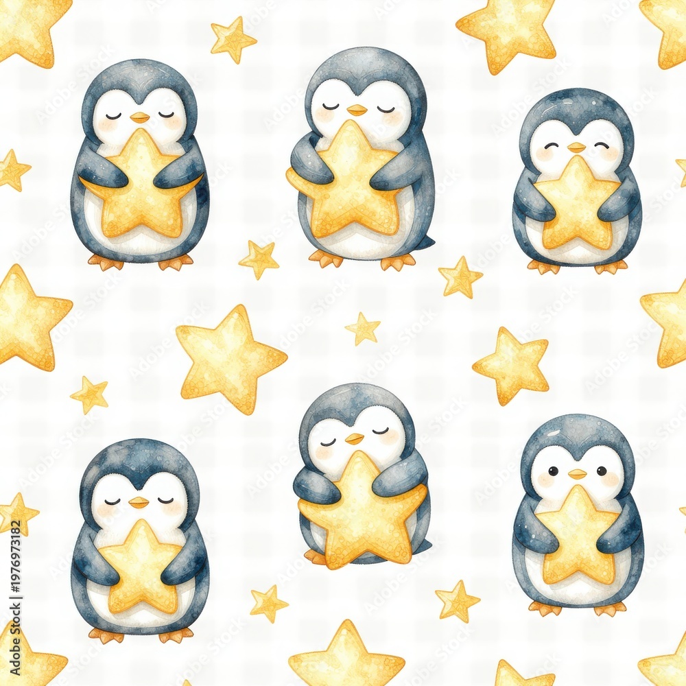 Fototapeta premium Adorable Watercolor Penguins Holding Golden Stars on White Background, Perfect for Holiday Cards, Childrens Books, Festive Designs, and Seasonal Decorations