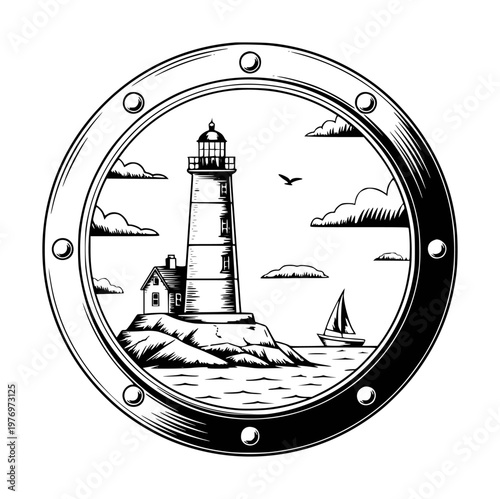 Vintage lighthouse scene with sailboat and clouds, framed in a porthole ocean ship