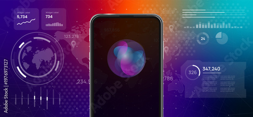 Mobile phone showing colorful liquid abstract orb assistant on screen background representing high tech voice recognition automation communication