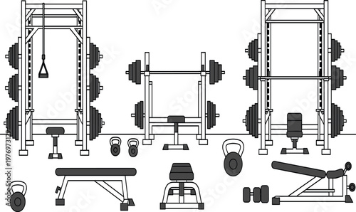 Gym interior flat vector illustration with barbell bench kettlebell and power rack equipment isolated on white