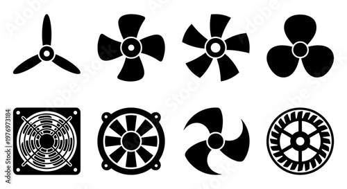 Industrial Fan Blade Icons, Propeller Vector Set, 8 Cooling Ventilator Signs