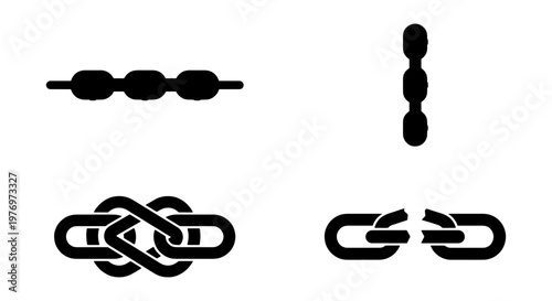 Black metal chain icons, broken link vector set, industrial steel shackles