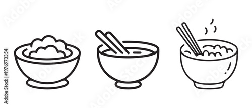 Asian Food Bowls with Chopsticks Vector Illustration Rice, Soup, and Noodles Set.