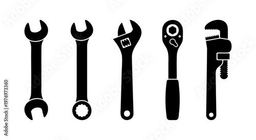 Mechanical wrench icon set, black tool silhouettes, 5 vector repair tools