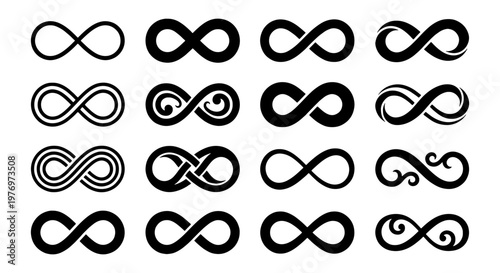 Infinity symbol vector set, 16 black loop icons, eternal logo collection