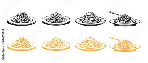 Bild auf Leinwand Set of spaghetti dishes, two grayscale and two color, on plates with fork in two variations, flat design vector illustration