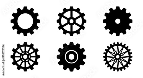 Industrial gear silhouettes, mechanical cog set, 6 black vector icons