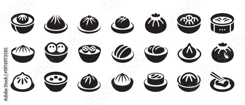 Collection of Dim Sum and Dumpling Icons in Flat Design Style, Vector Illustration.