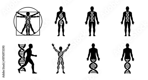 Human DNA icons, genetic helix silhouettes, 8 medical vector elements