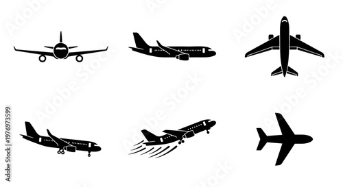 Airplane black silhouette icons, 6 aircraft vector set, aviation travel signs