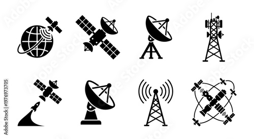Satellite communication icons, 8 telecommunication vector symbols, radio tower