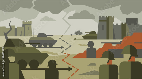 Geometric illustration of military conflict with tanks, soldiers, and castles