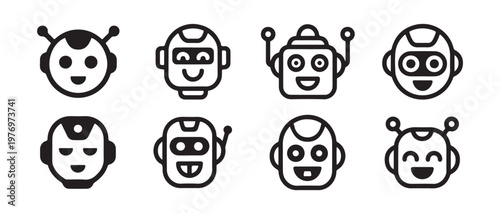 Set of Cute Robot Faces in Flat Design Style, Vector Illustration.