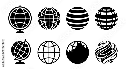 Minimalist globe icons set, black world map spheres, 8 vector earth symbols