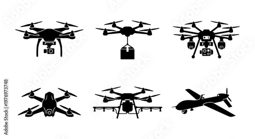 Drone silhouette icon set, 6 flying uav vector elements, delivery aircraft