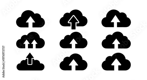 Cloud upload icon set, 9 black vector symbols, data storage web buttons