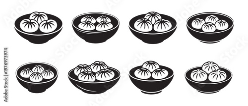 Dim Sum Baozi Vector Illustration: Set of Steamed Dumplings in Bowls.