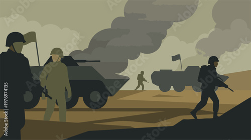 Minimalist illustration of soldiers and armored vehicles in a war zone