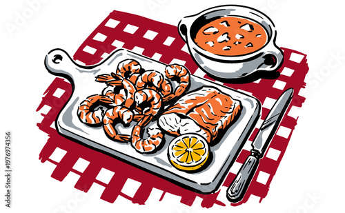 Seafood feast dining illustration. Fresh shrimp, fish fillet and sauce. Food club artwork for t-shirt print, poster, sticker, vector illustration.