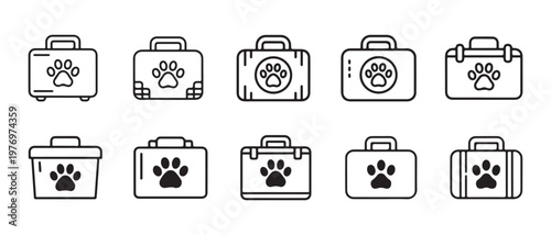 Set of veterinary clinic bag and medical kit icons with paw prints, flat design vector illustration.