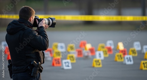 Forensic Investigator Photographing Ballistic Evidence Markers at Crime Scene