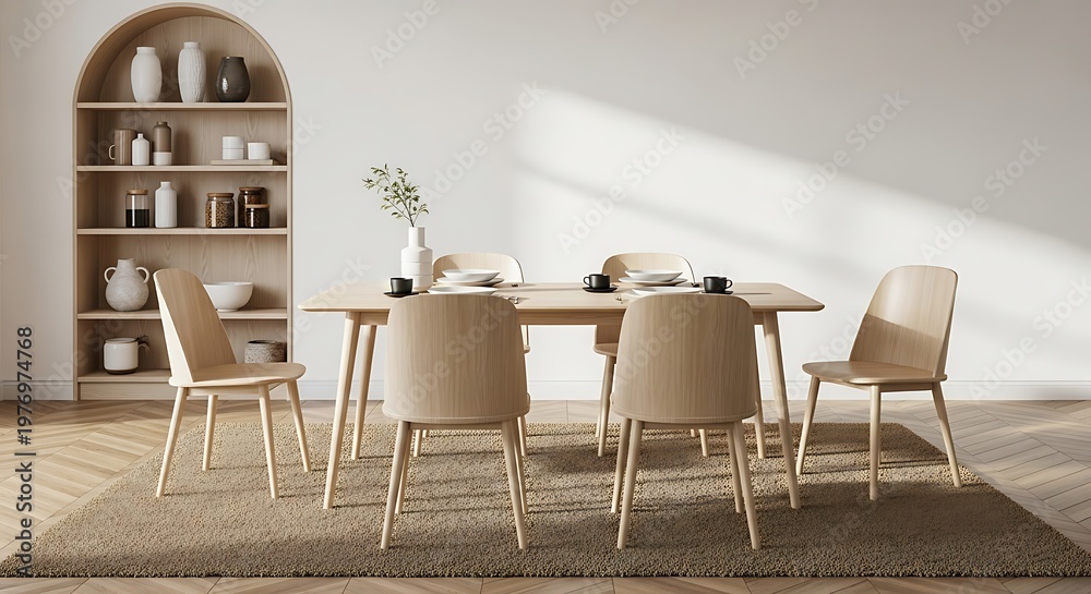 Fototapeta premium Modern dining room with wooden table and chairs