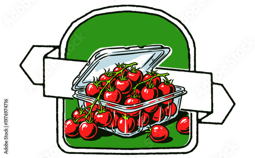 Eat well live well. Fresh cherry tomatoes local farm. Red vegetable vintage t-shirt design. Organic produce market artwork.