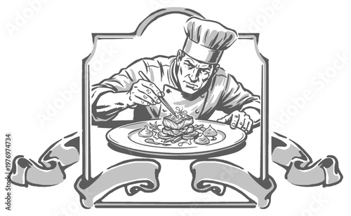 Master chef culinary art. Professional kitchen badge design. Food styling and precision cooking artwork for restaurant print and decor.