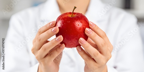A close-up of a person in a lab coat holding a red apple in their hands.