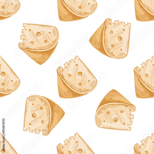 Hand drawn vintage seamless pattern with cheese wedges dairy food illustration simple repeating background texture design element