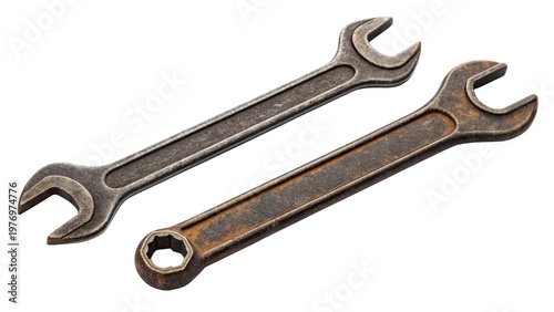 Two rusty wrenches on transparent background for repair and DIY projects