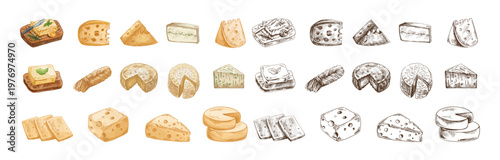 Hand drawn vintage sketch cheese collection set with color and monochrome versions dairy food illustration elements pack design