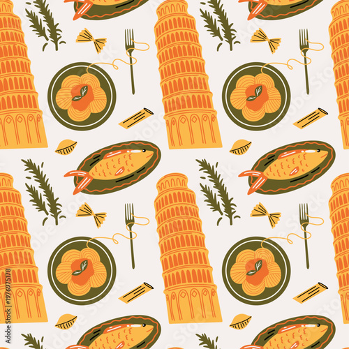 Italian Summer vector seamless pattern with illustration of pizza, coffee, retro scooter and tower pisa in playful cartoon funky groovy doodle style for travel blog 