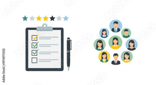 Clipboard with checklist and pen customer feedback survey concept with star rating and diverse people icons flat design for business and marketing