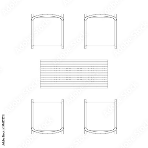 Top view outline of a furniture set with four armchairs and a coffee table in minimal line style, showing a clean and organized seating layout.