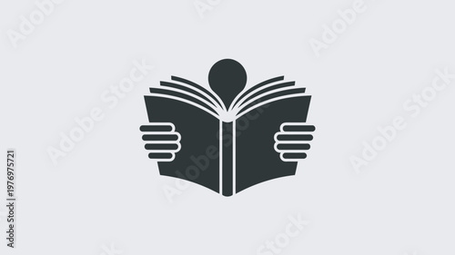 A person reading a book with hands holding it open wide in a simple black and white illustration