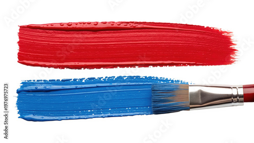 A paintbrush with blue paint on a transparent background with a red paint swatch