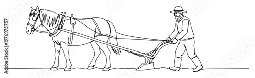 farmer plowing field with horse traditional agriculture sketch