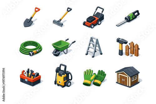 Watering mower cart pressure outdoor repair trimmer vector icons icon ground fence