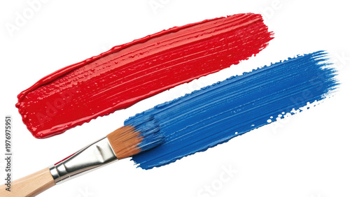 A paintbrush with red and blue paint swatches on transparent background