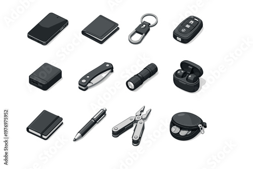 Device icons pen pocket essentials mini wallet flashlight key icon metal vector