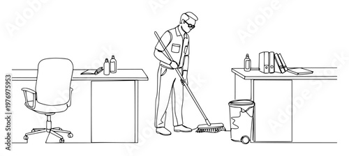 male cleaner sweeping office floor vector illustration