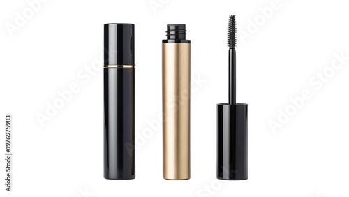 A gold and black mascara tube with its cap and wand on transparent background