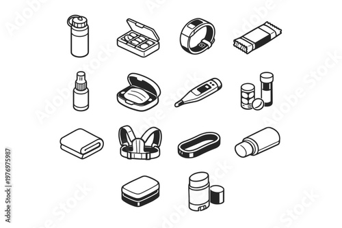 Health compact towel posture vector essentials icon pack tracker sunscreen resistance mask