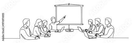 business team meeting and presentation in conference room continuous one line drawing