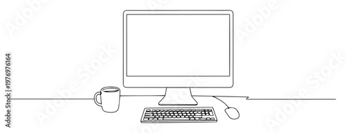 minimalist desktop computer workspace with coffee mug line art illustration
