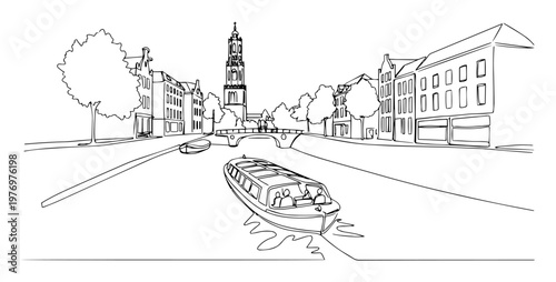 canal boat ride in european city street sketch