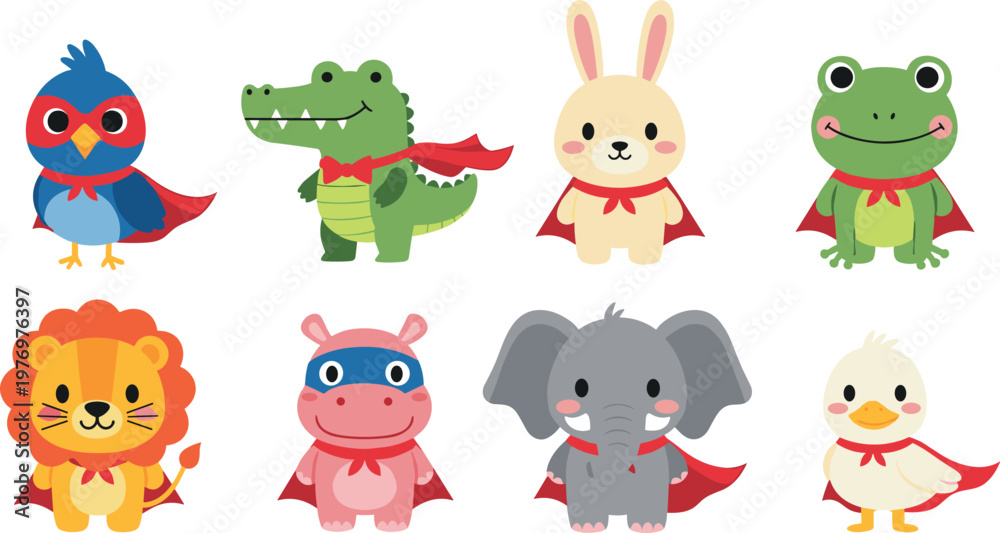 Fototapeta premium Cute Animal Superhero Cartoon Characters Set with Lion Elephant Rabbit Frog Crocodile and Bird in Fun Kids Hero Costume Illustration